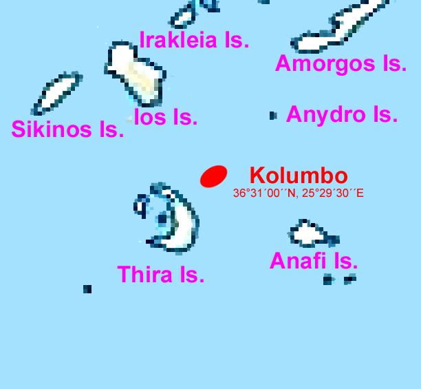 The undersea volcano Kolumbo into the Map of Aegean Sea of Greece.