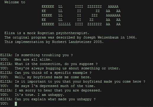 A conversation with the ELIZA chatbot.