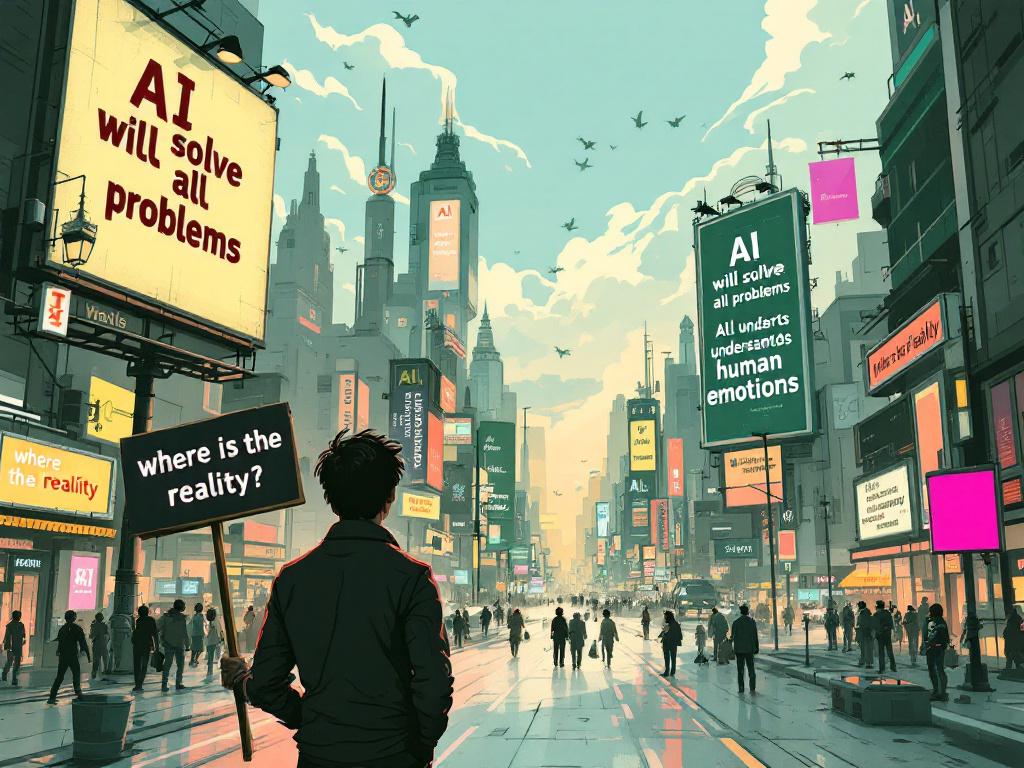 Eine kritische Illustration zum Thema 'Künstliche Intelligenz überall', die übertriebene Erwartungen an KI darstellt. Eine Person steht vor einer futuristischen Stadt, die mit übertriebenen Versprechen von KI gefüllt ist, während eine Werbetafel im Vordergrund die Frage stellt: 'Wo ist die Realität?'