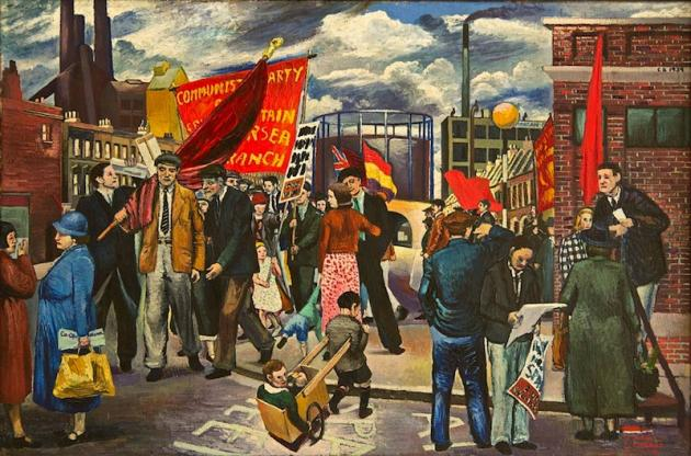 Demonstration in Battersea, 1939 by Clive Branson, dedicated to Comrade E Marney: ‘a parade of hungry volunteers… sometimes shirtless, often ill, but always wearing their brigade badges or caps’. Photograph: Collection of Rosa Branson/© The Estate of Clive Branson