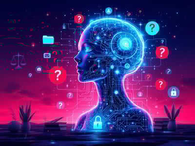 Das Bild zeigt eine futuristische KI-Figur, umgeben von Symbolen für menschliche Intelligenz, Ethik und Datenschutz. Die Farbpalette und die Elemente sollen eine kritische Reflexion über die Vor- und Nachteile von KI vermitteln. -- Made with Mistral AI